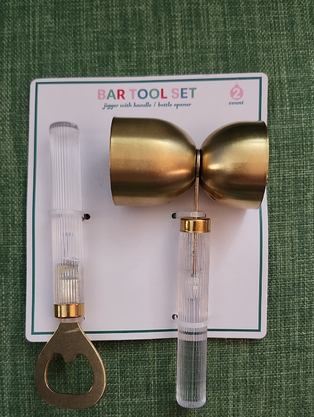 BAR TOOL SET - Gold and Clear Cocktail Jigger & Bottle Opener